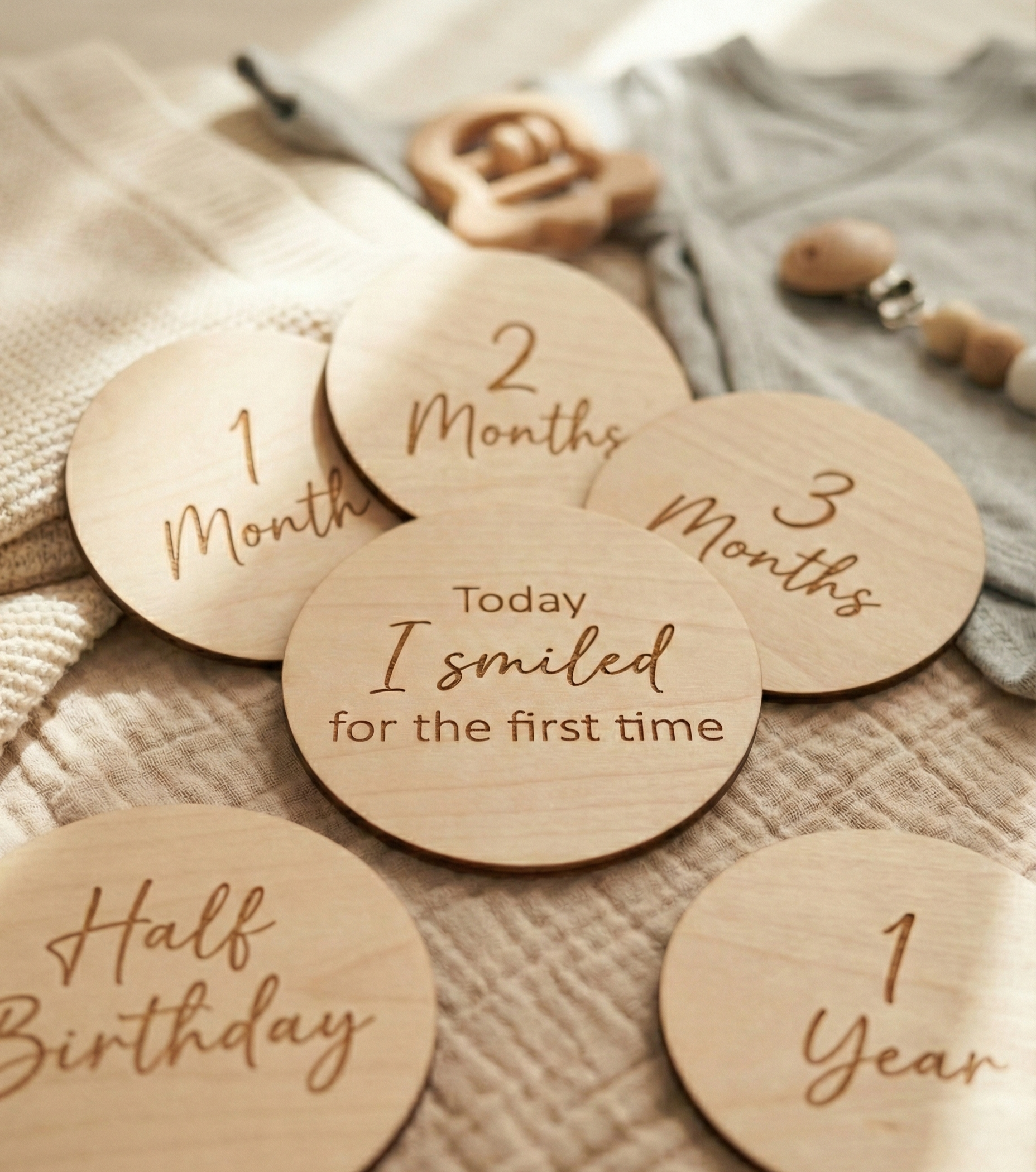 Baby Milestone Discs for Monthly Photos — Hand-Engraved Wood